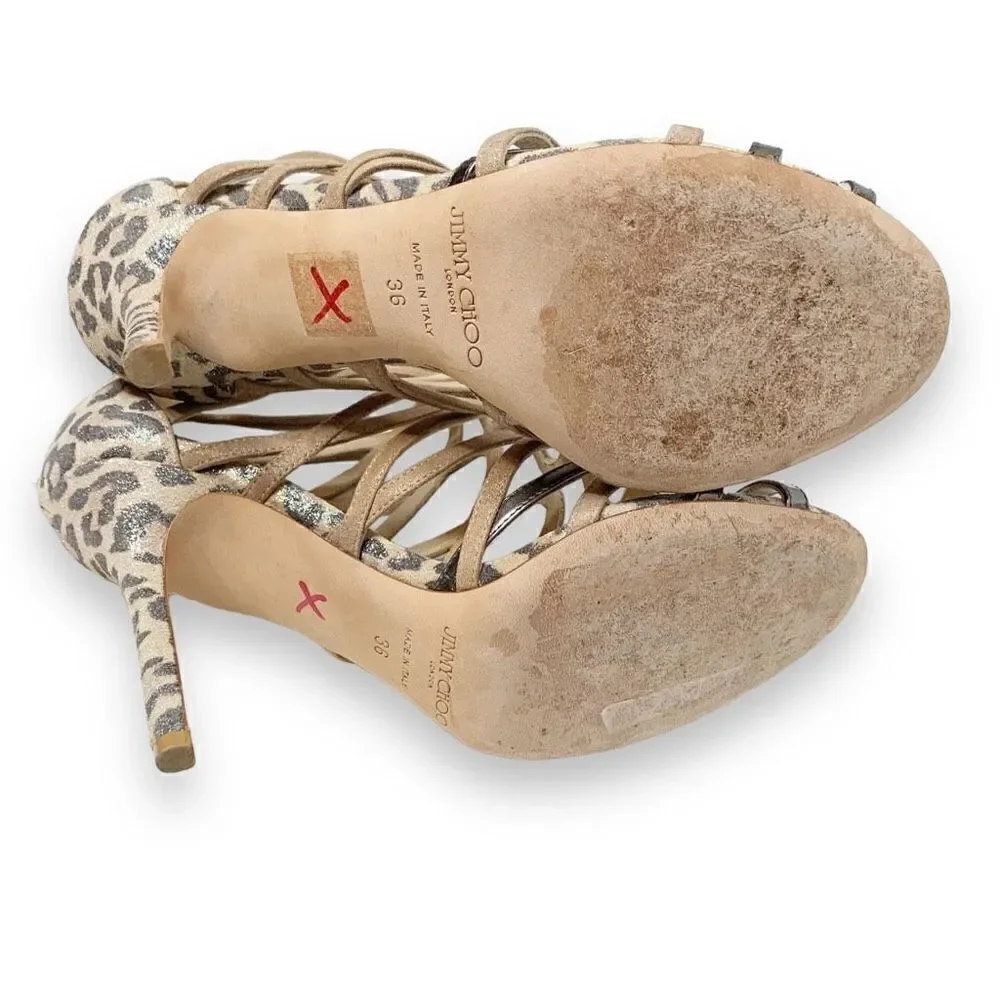Jimmy Choo Fiesta Leopard-Print Caged Sandal, Nude Metallic Shimmer Women’s - 36